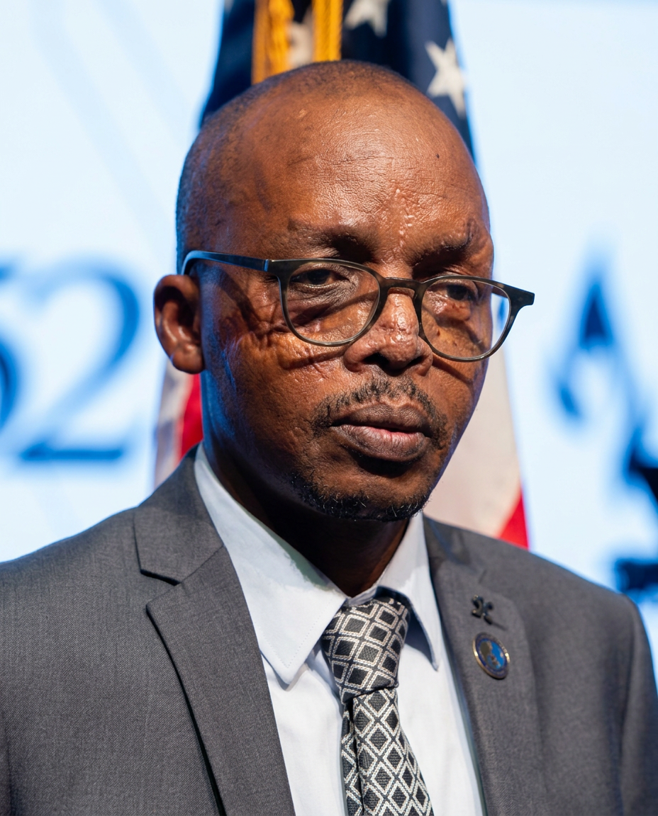 Close portrait of Révérien Rurangwa, the scars of survival visible on his face